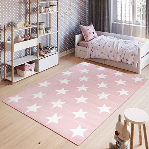 TAPISO Pinky Tappeto Gioco Bambini Pelo Corto Design Moderno Motivo Astratto Stelle Bianche Sfondo Rosa Sicuro Oeko-Tex Morbido Cameretta Stanza Ragazzi Camera Bambina 80 x 150 cm