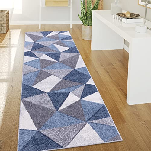 Paco Home Tappeto Salotto Pelo Corto Stile Vintage Astratto Design Moderno Geometrico Motivo Diamante, Dimensione:80x300 cm, Colore:Blu