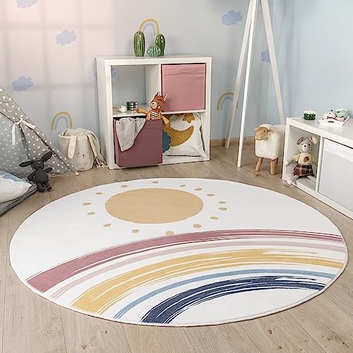 Paco Home Tappeto Rotondo Bambini Cameretta Bambina Ragezzi Arcobaleno Lavabile In Lavatrice Moderno, Dimensione:Ø 120 cm tondo, Colore:Bianco