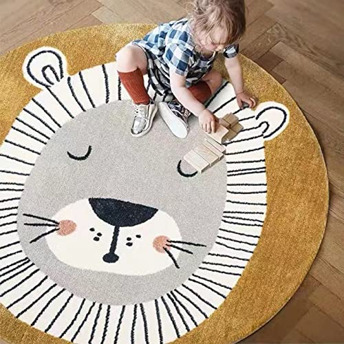 ARUGYTEI Tappeto Rotondo Camera dei bambini, Tappeto a pelo corto per Salotto, Camera da letto, Studio, Ufficio, Corridoio, Arancio, motivo leone, ø 130 cm