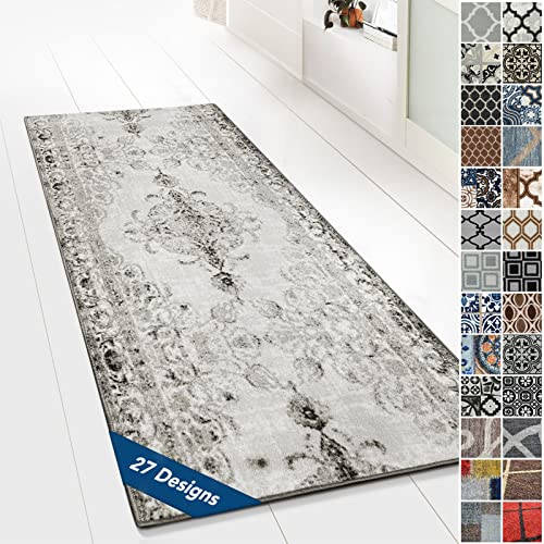 Floordirekt Tappeto passatoia con motivo, realizzato su misura, per cucina, corridoio e soggiorno, ornamento vintage a griglia orientale (80 x 700 cm, grigio palau)