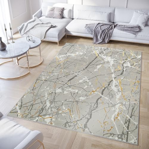 TAPISO Crystal Tappeto Pelo Corto Lucido Effetto 3D Design Moderno Motivo Astratto Sfumato Effetto Marmo Tonalità Grigio Chiaro Oro Bianco Soggiorno Sala Camera OEKO-TEX 250 x 350 cm