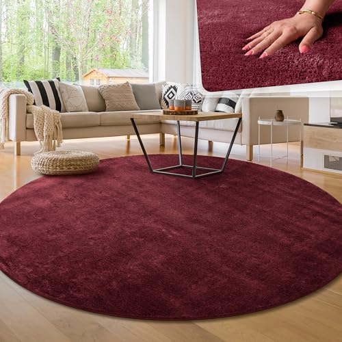 Paco Home Tappeto per soggiorno Unicolore Lavabile Morbido pelo corto morbido, Dimensione:80 cm tondo, Colore:Rosso