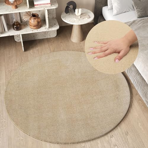 TAPISO Cuddle Tappeto Rotondo Soggiorno Antiscivolo Lavabile Morbido Pelo Lungo Shaggy Design Moderno Monocolore Tonalità Beige Tinta Unita Cameretta Sala OEKO-TEX 80 x 80 cm