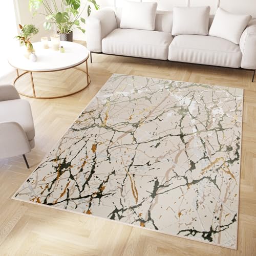 TAPISO Crystal Tappeto Pelo Corto Lucido Effetto 3D Design Moderno Motivo Astratto Sfumato Effetto Marmo Tonalità Grigio Chiaro Verde Oro Bianco Soggiorno Camera OEKO-TEX 80 x 150 cm