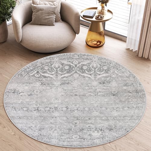 TAPISO Sky Tappeto Salotto Moderno Rotondo Pelo Corto Design Astratto Vintage Orientale Ornamenti Sfumato Tonalità Grigio Bianco Crema Oeko-Tex Sala Soggiorno Camera 240 x 240 cm