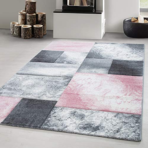 Carpetsale24 Tappeti a pelo corto, colore rosa, disegno dei quadrati, 112909, tappeto rettangolare, Tappeto soggiorno, 140 x 200 cm