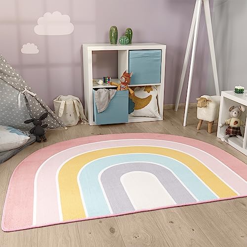 Paco Home Tappeto Rotondo Bambini Cameretta Bambina Ragezzi Arcobaleno Lavabile In Lavatrice Moderno, Dimensione:120x160 cm regenbogen-form, Colore: Rosa Blu Giallo