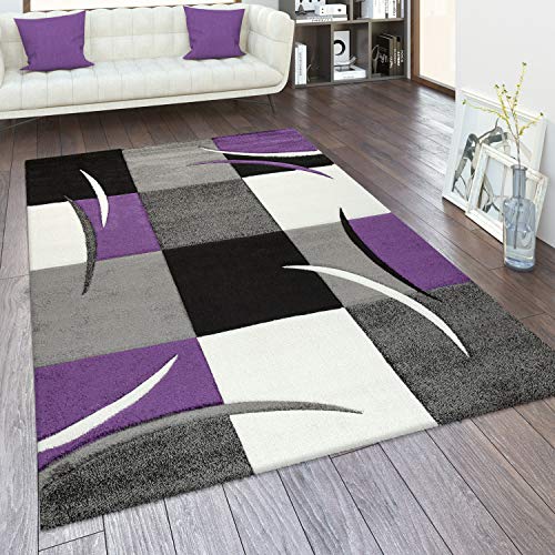 Paco Home Tappeto da soggiorno a pelo corto, disponibile in diversi colori e misure, con motivo a quadri e righe e design 3D, Dimensione:80x150 cm, Colore:Viola