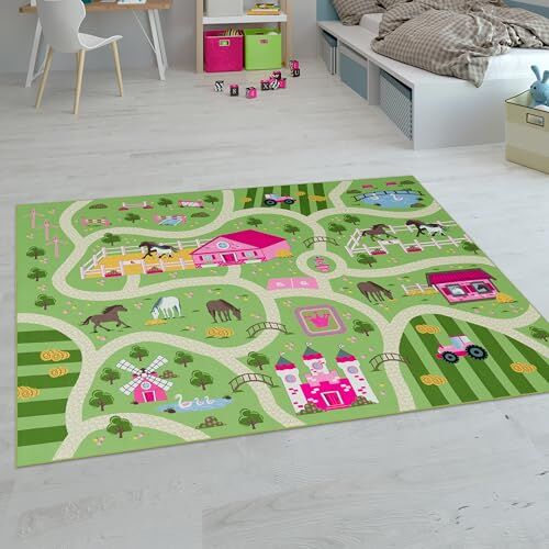 Paco Home Tappeti da gioco a pelo corto colorati per camerette dei bambini con diversi motivi, Dimensione:140x200 cm, Colore:Verde