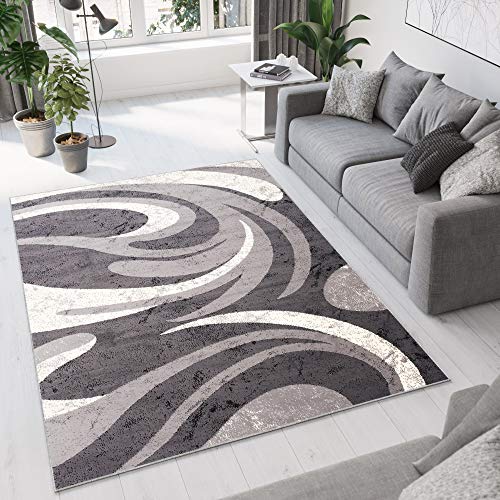 TAPISO Dream Tappeto Salotto Moderno Soggiorno Grigio Crema Astratto Onde A Pelo Corto 60 x 100 cm