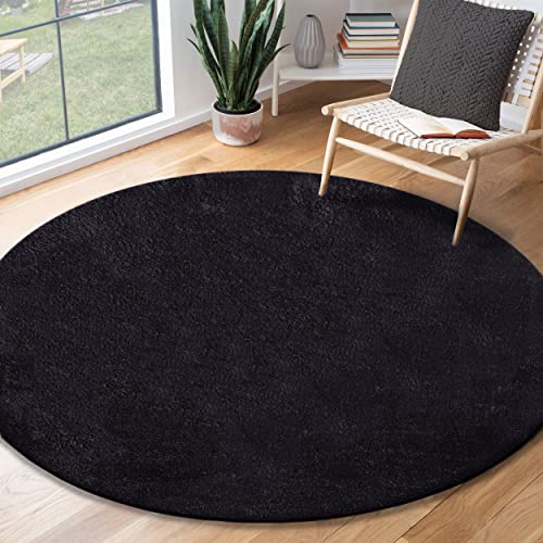 the carpet , Relax Tappeto moderno a pelo corto, con fondo antiscivolo, lavabile fino a 30°, super morbido, effetto pelliccia, 120 x 120 cm, colore: nero, rotondo