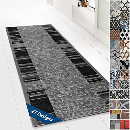 Floordirekt Tappeto passatoia con motivo, realizzato su misura, per cucina, corridoio e soggiorno, ornamento vintage a griglia orientale (80 x 350 cm, blu nava)