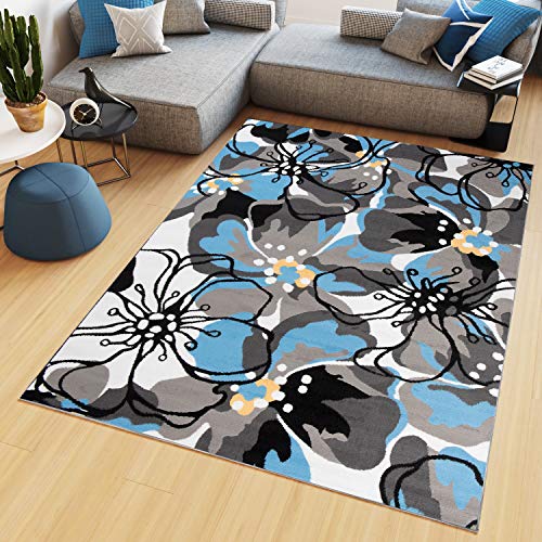 TAPISO Maya Tappeto Soggiorno Pelo Corto Design Moderno Motivo Astratto Floreale Fiori Tonalità Blu Grigio Camera da Letto Cameretta Ufficio Salotto Oeko-Tex 200 x 300 cm