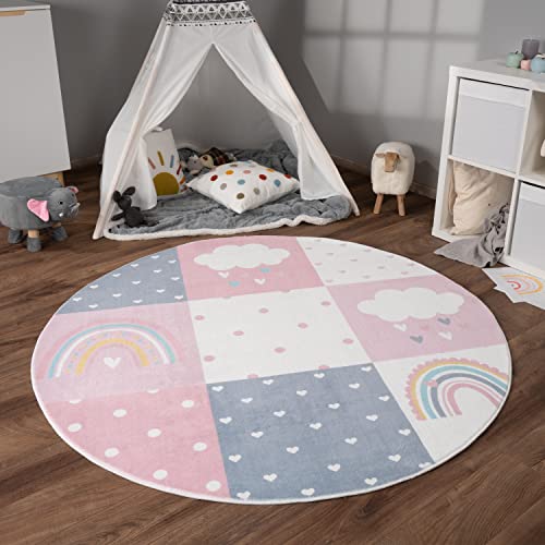 Paco Home Tappeto Bambini Cameretta Bambina Ragezzi Antiscivolo Arcobaleno Cuore Polkadot, Dimensione:Ø 120 cm tondo, Colore:Grigio-Rosa