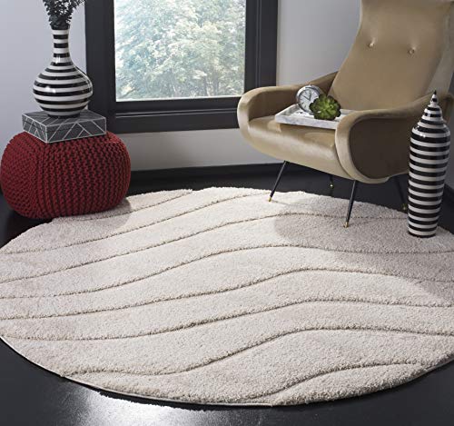 Safavieh Florida Shag Collection SG472 Tappeto a onde astratte per soggiorno, camera da letto, sala da pranzo, ingresso, peluche, spessore 3 cm, 122 x 122 cm, colore: Crema