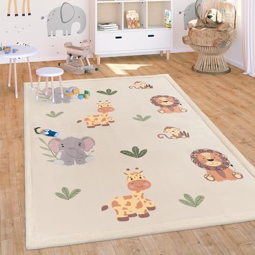 Paco Home Tappeto Bambini Cameretta Bambina Ragezzi Antiscivolo Arcobaleno Motivo Con Animale Polkadot, Dimensione:140x200 cm, Colore:Beige