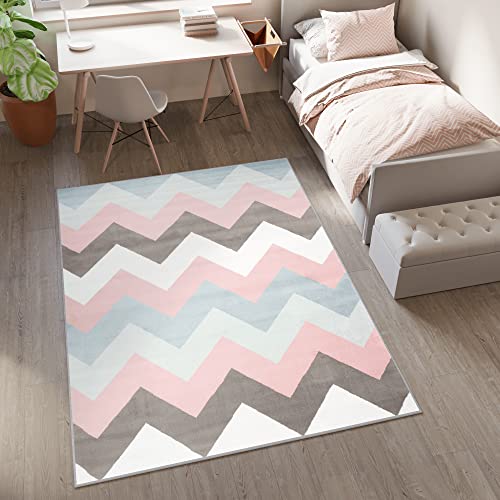 TAPISO Baby Tappeto Gioco Bambini Sala Giochi Cameretta Bambini Ragazzi Camera Morbido Motivo Geometrico Astratto Linee Zig-Zag Multicolore Tonalità di Grigio Blu Rosa Pelo Corto 80 x 150 cm