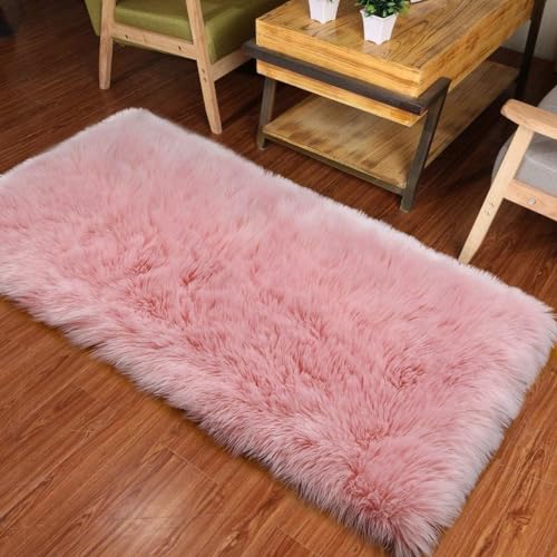 Wissec Tappeto soffice, finta pelle di pecora, tappeto Shaggy per camera da letto e soggiorno, camera da letto in pelliccia di alta qualità, colore rosa, 60 x 150 cm