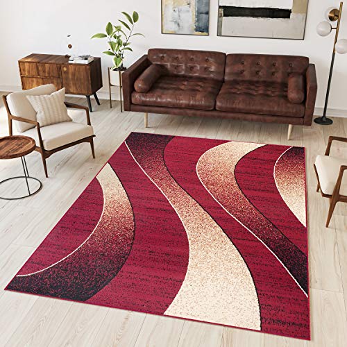 TAPISO Dream Tappeto Camera Soggiorno Salotto Moderno Rosso Crema Astratto Onde A Pelo Corto 160 x 220 cm