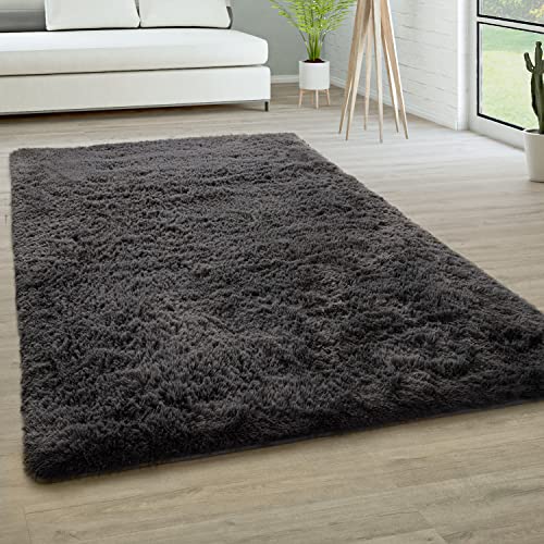 Paco Home Tappeto Salotto Pelo Lungo Soggiorno Pelliccia Finta Shaggy Morbido Monocolore, Dimensione:120x170 cm, Colore:Antracite