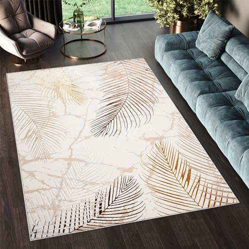 TAPISO Golden Tappeto Moderno Soggiorno Motivo Floreale Fiori Foglie Palma Tonalità Panna Oro Marrone Salotto Camera Sala Cameretta Ragazzi Ufficio Oeko-Tex 140 x 200 cm