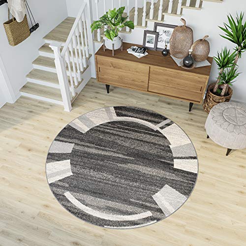 TAPISO Sari Tappeto Rotondo Soggiorno Salotto Moderno Corridoio Nero Grigio Astratto A Pelo Corto 130 x 130 cm