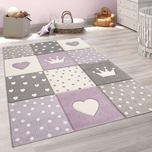 Paco Home Tappeto per bambini A quadri Cuori Corona Diversi colori e misure, Dimensione:133 cm quadrato, Colore:Viola