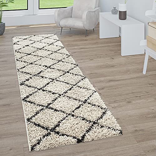 Paco Home Morbido tappeto a pelo lungo Shaggy per soggiorno in stile scandinavo con motivo a rombi, Dimensione:80x300 cm, Colore:Crema