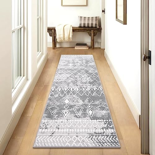 Carvapet Tappeti Runner Passatoia 60x240cm Antiscivolo Corridore Tappeto Lungo Tappeti di Zona Lavabile Morbido Microfibra Geometrico Tappeto Cucina(Grigio)