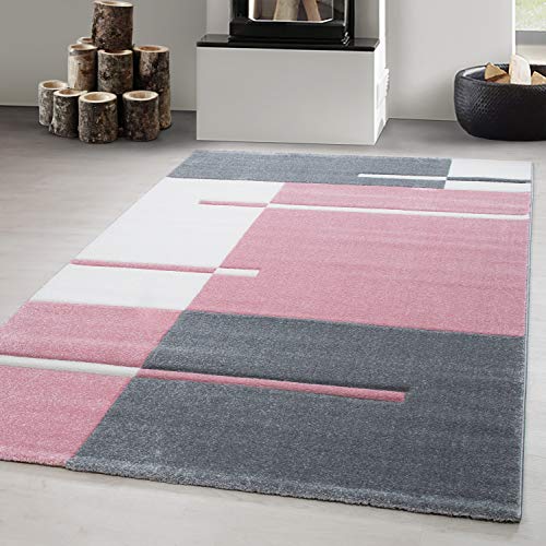 Carpetsale24 Tappeti a pelo corto, colore rosa, disegno dei quadrati, 16060, tappeto rettangolare, Tappeto soggiorno, 200 x 290 cm