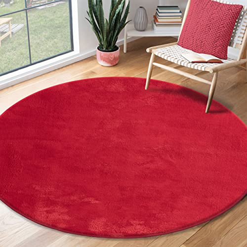 the carpet Relax Tappeto moderno a pelo corto, soggiorno, fondo antiscivolo, lavabile fino a 30 gradi, morbidissimo, aspetto pelliccia, Rosso, 200 cm Rotondo