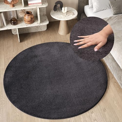 TAPISO Cuddle Tappeto Rotondo Soggiorno Antiscivolo Lavabile Morbido Pelo Lungo Shaggy Design Moderno Monocolore Tonalità Grigio Antracite Tinta Unita Cameretta OEKO-TEX 100 x 100 cm