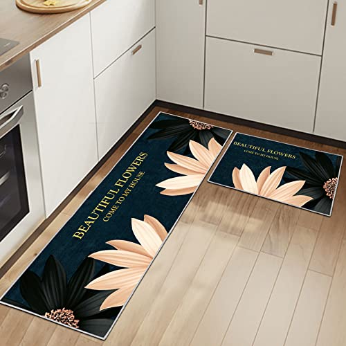 HSGLGNA Tappeti da cucina antiscivolo lavabili tappeti da cucina zerbino tappeto 2 pezzi tappetini da cucina per la decorazione della casa (floreale A, 43 x 75+43 x 150 cm)