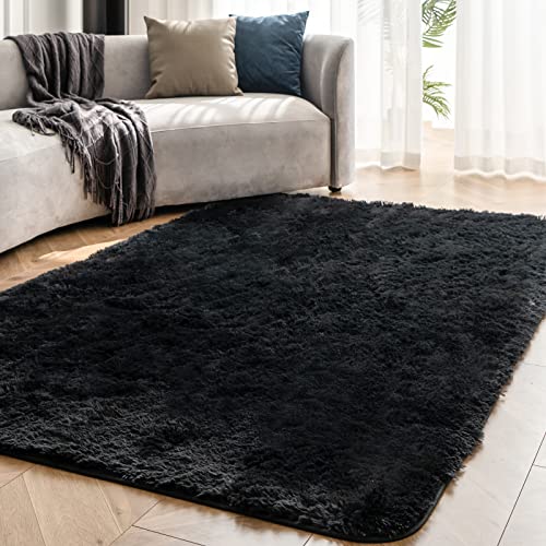 OMERAI Tappeti Salotto Shaggy Tappeto a Pelo Lungo Tappeto Peloso Soggiorno Salotto Moderno Cameretta Tappeti Pelosi Camera da Letto Morbido Tappetino Antiscivolo Morbido e Soffice Nero 90x150cm