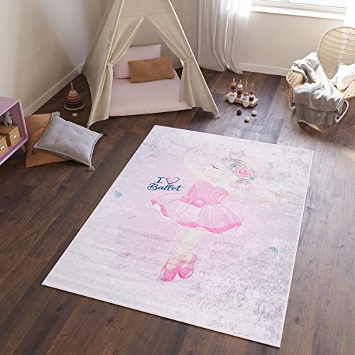 TAPISO Emma Tappeto Gioco Bambini Sala Giochi Cameretta Stanza Bambini Stampato Morbido Rosa Ballerina Chiaro Antiscivolo Lavabile in Lavatrice 140 x 200 cm