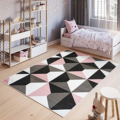 TAPISO Pimky Tappeto Gioco Bambini Pelo Corto Design Moderno Motivo Geometrico Astratto Grigio Rosa Sicuro Oeko-Tex Morbido Cameretta Stanza Ragazzi Camera 140 x 200 cm