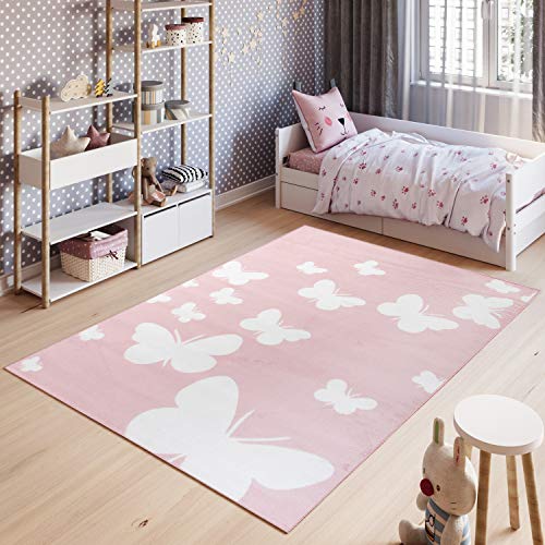 TAPISO Pinky Tappeto Gioco Bambini Pelo Corto Design Moderno Motivo Astratto Farfalle Bianco Rosa Sicuro Oeko-Tex Morbido Cameretta Stanza Ragazzi Camera Bambina 80 x 150 cm