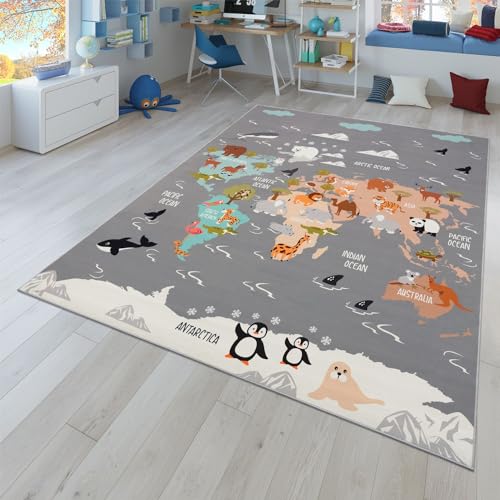 TT Home Tappeto Stanza Bambini Auto Bambini Motivo Con Animale Antiscivolo, Colore:Grigio Blu Marrone, Dimensione:80x150 cm