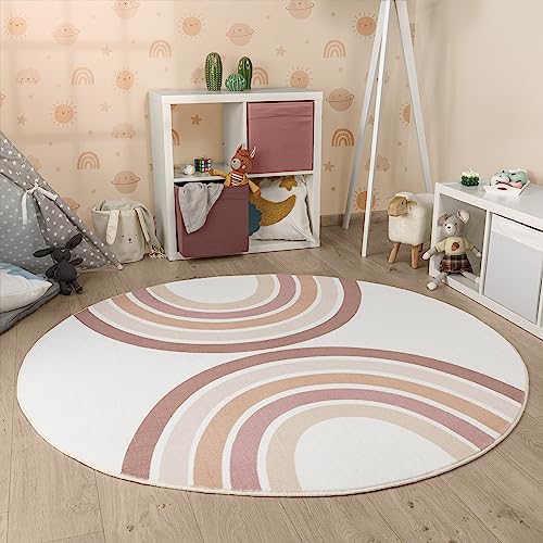 Paco Home Tappeto Rotondo Bambini Cameretta Bambina Ragezzi Arcobaleno Lavabile In Lavatrice Moderno, Dimensione:Ø 120 cm tondo, Colore:Pink