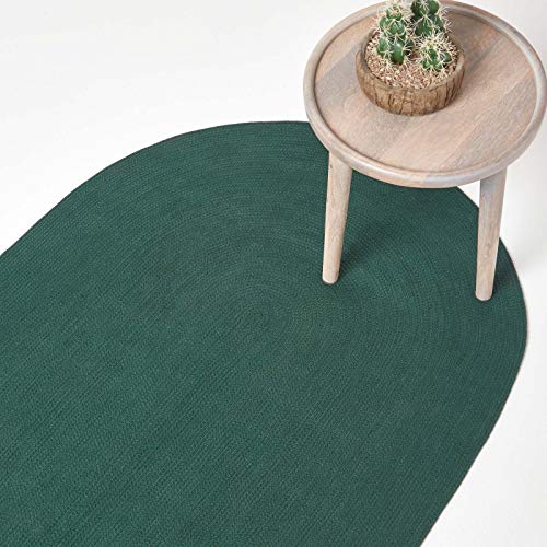 HOMESCAPES Tappeto ovale artigianale in tessuto piatto in cotone, per la camera o il salotto, 90 x 150 cm, verde inglese