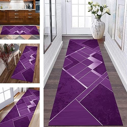 Wassly Tappeto Passatoia Tappeto Cucina Antiscivolo Lavabile Tappeti Runner ingresso interno 50X120CM Viola Geometrico Tappeto Passatoie per Corridoio Camera da Letto Soggiorno per metro Tappetino zerbino