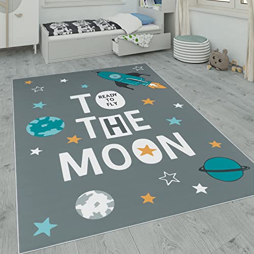 Paco Home Tappeto per i bambini, tappeto per la camera dei bambini con stelle, luna e motivi a quadri, Dimensione:120x160 cm, Colore:Antracite 2