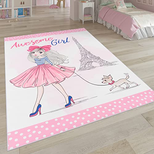 Paco Home Tappeto per i bambini, tappeto per la camera dei bambini con stelle, luna e motivi a quadri, Dimensione:140x200 cm, Colore:Pink 5