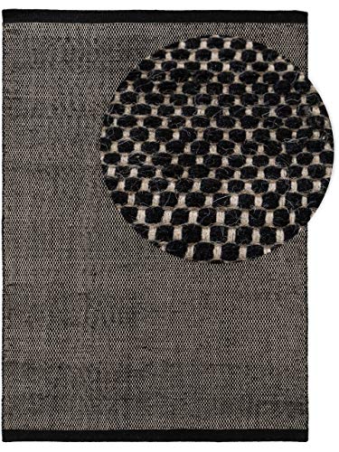 benuta Tappeto di lana Rocco nero/bianco, 70 x 140 cm, a pelo corto, per soggiorno, camera da letto, sala da pranzo o cameretta dei bambini