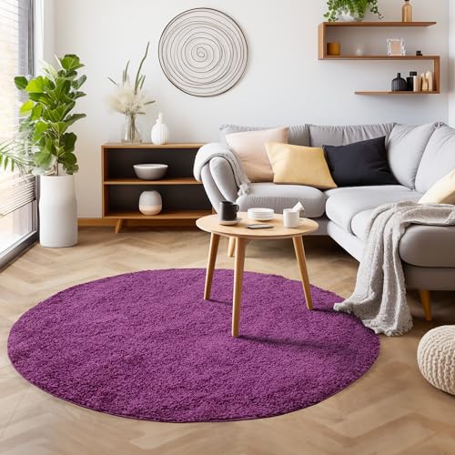 SIMPEX Tappeto pelo lungo, Unicolor Monocroma, Tappeto Viola, 200 cm Rotondo, Tappeti in stile moderno, Tappeto soggiorno