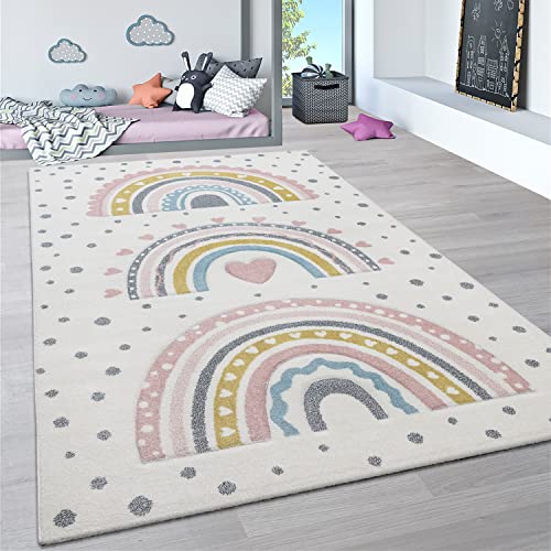 Paco Home Tappeto per Bambini per cameretta Color Pastello con Motivo in 3D di Nuvole e Stelle Arcobaleno, Dimensione:160x230 cm, Colore:Multicolore 2