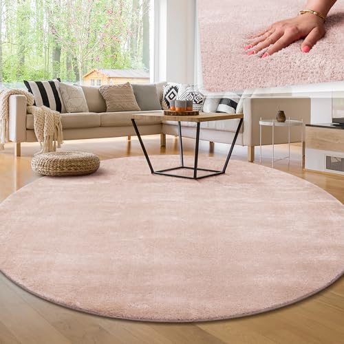 Paco Home Tappeto per soggiorno Unicolore Lavabile Morbido pelo corto morbido, Dimensione:Ø 160 cm tondo, Colore:Rosa