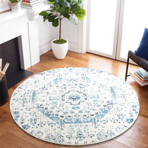 Carvapet Tappeto Rotondo 90cm Morbida Microfibra Tappeto a Cerchio Salotto Cameretta Soggiorno Antiscivolo Lavabile Stampe Floreali Tappeti di Zona(Blu)