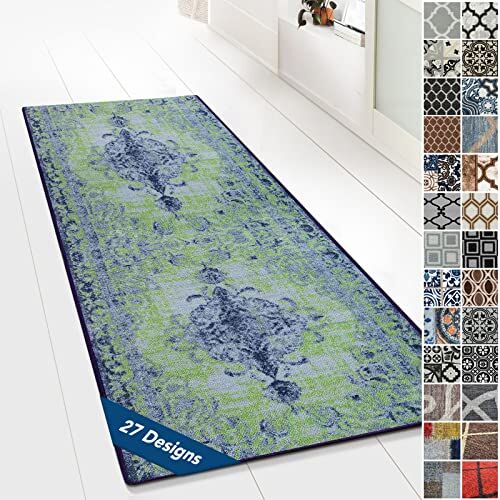 Floordirekt Tappeto passatoia con motivo, realizzato su misura, per cucina, corridoio e soggiorno, ornamento vintage a griglia orientale (80 x 200 cm, blu palau)